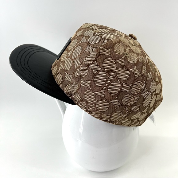 COACH Signature Flat Brim Hat Khaki Leather Cotton Black NWOT - Picture 4 of 10